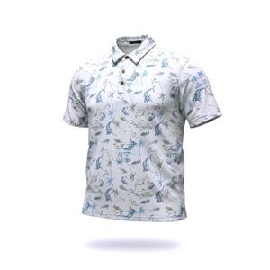 Visitor Premium Mens XL Marlin Palm Tree Tropical Print Polo Shirt White Blue